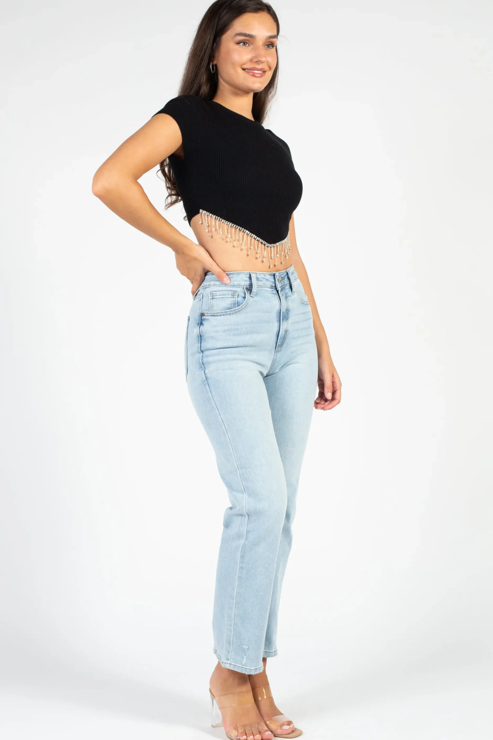 Blanc Alessia Rhinestone Fringe Ribbed Knit Crop Top Clearance