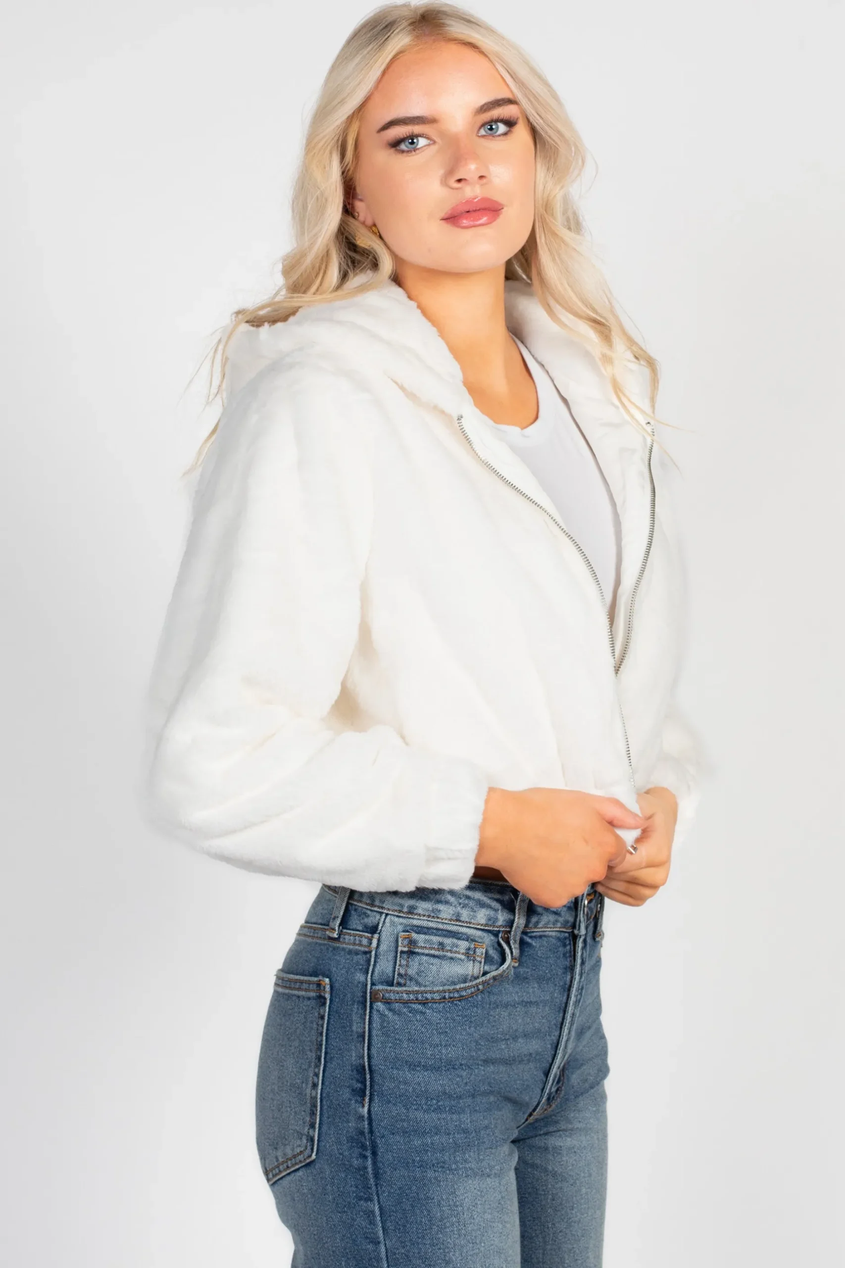 Love Tree Alethea Hooded Faux Fur Bomber Jacket Clearance
