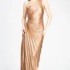 Dress Forum Alora Pleated Shimmer Hi Lo Maxi Dress Gold New
