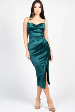 Lovely Day Amaya Side Slit Satin Midi Dress Sale