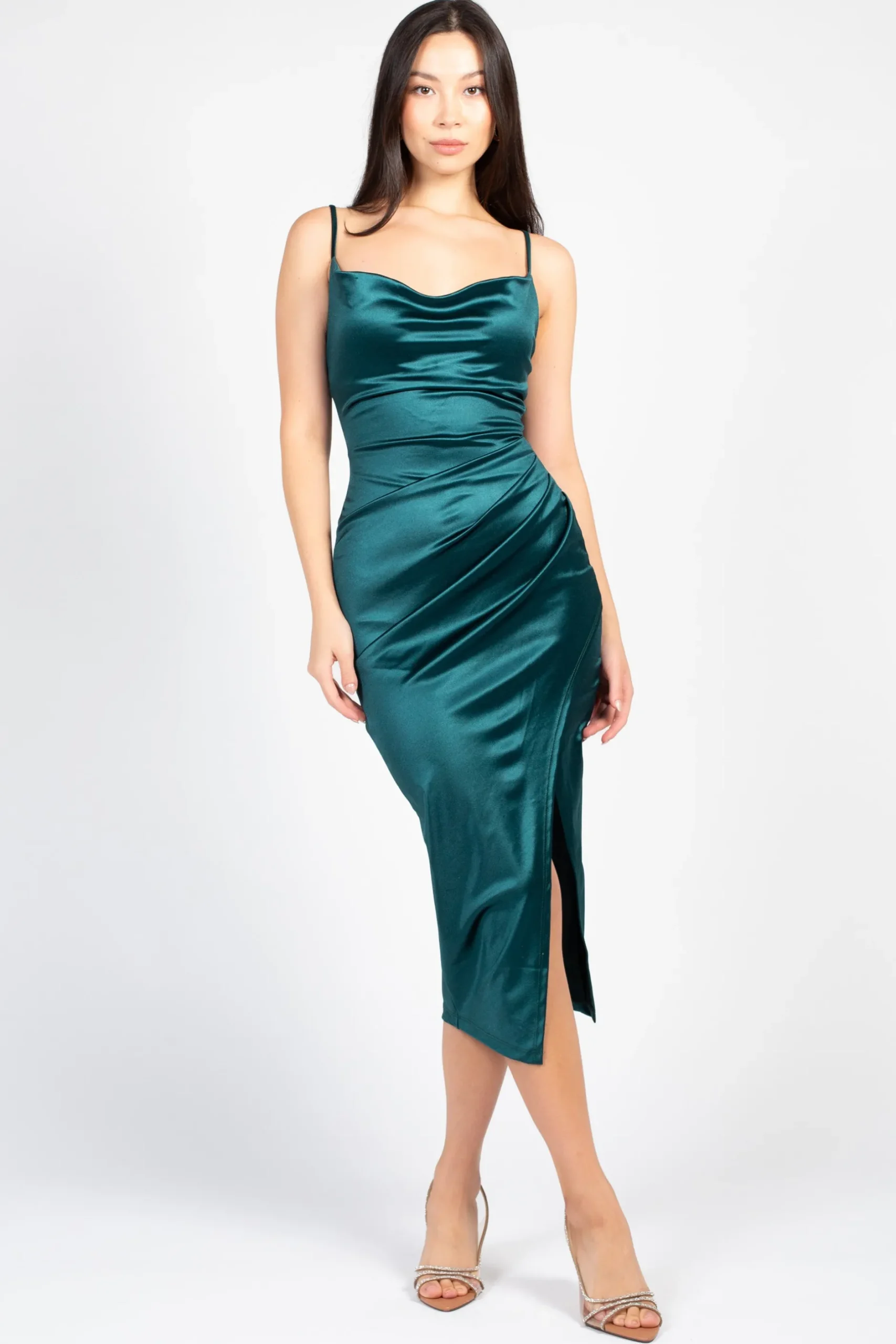 Lovely Day Amaya Side Slit Satin Midi Dress Sale