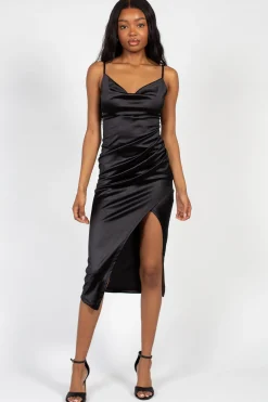 Lovely Day Amaya Side Slit Satin Midi Dress Sale
