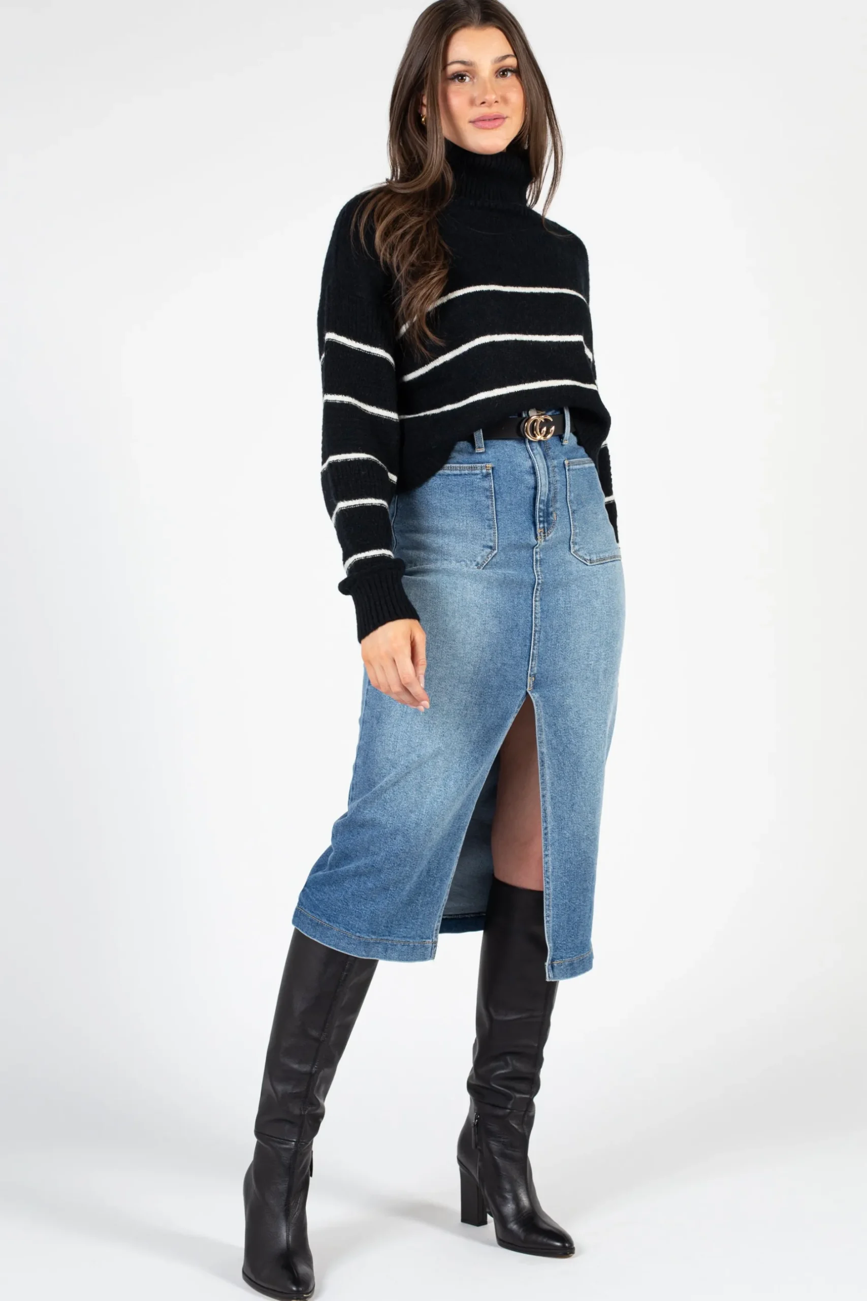 Better Be Ambrielle Turtleneck Stripe Sweater Black New
