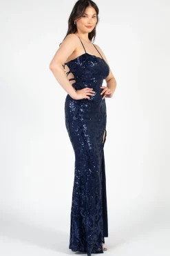 Lovely Day Ariel Strappy High Slit Sequin Gown Online