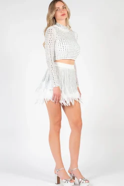 Salt Artemis Square Rhinestone Mesh Blouse White Hot