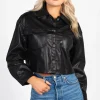 Love Tree Avery Cropped Faux Leather Shacket Black Discount