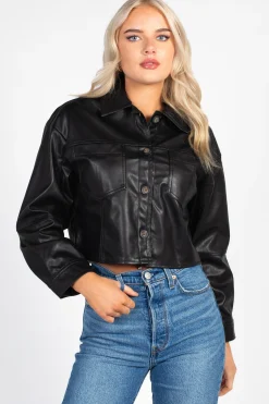 Love Tree Avery Cropped Faux Leather Shacket Black Discount