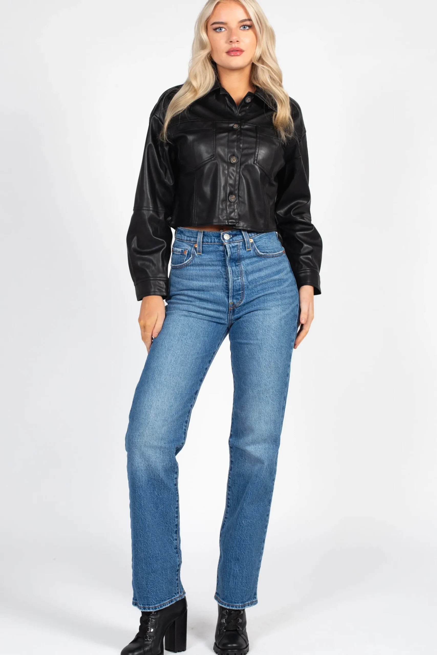 Love Tree Avery Cropped Faux Leather Shacket Black Discount