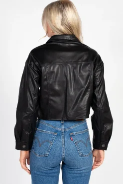Love Tree Avery Cropped Faux Leather Shacket Black Discount