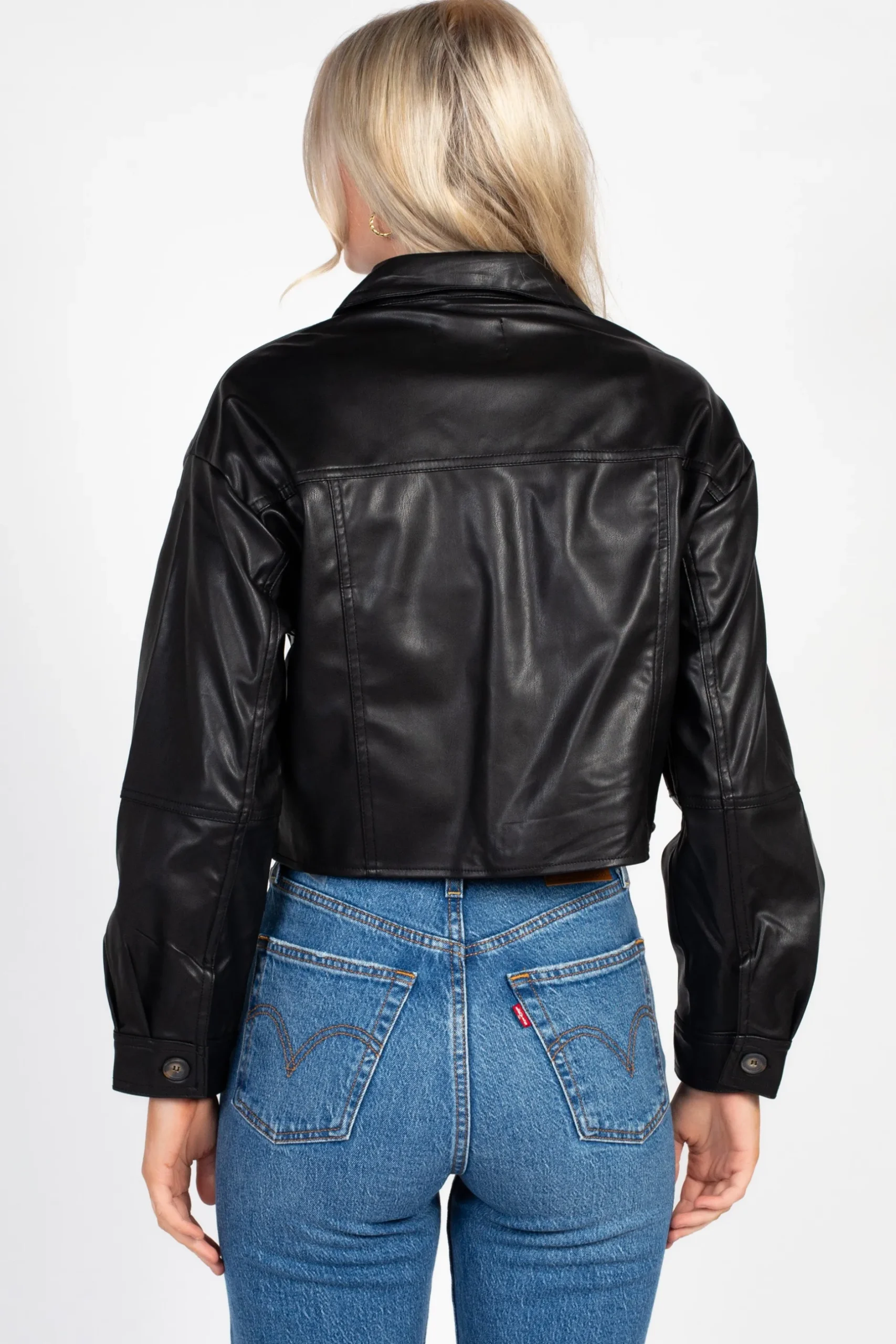 Love Tree Avery Cropped Faux Leather Shacket Black Discount