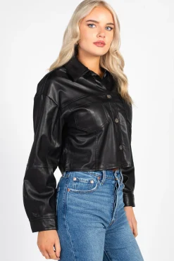 Love Tree Avery Cropped Faux Leather Shacket Black Discount
