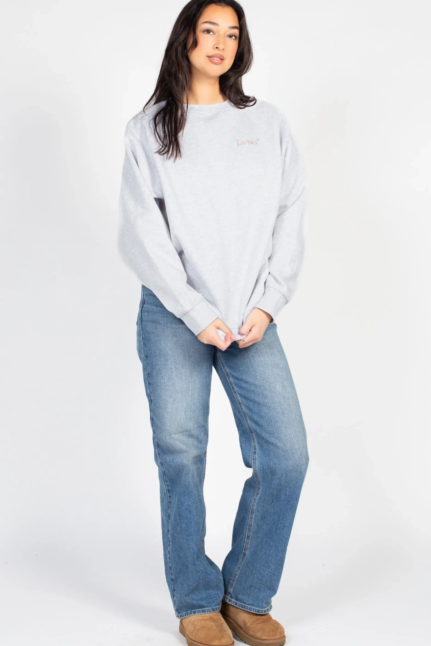Brunette the Label 'Lover' Embroidered Crewneck Grey Clearance