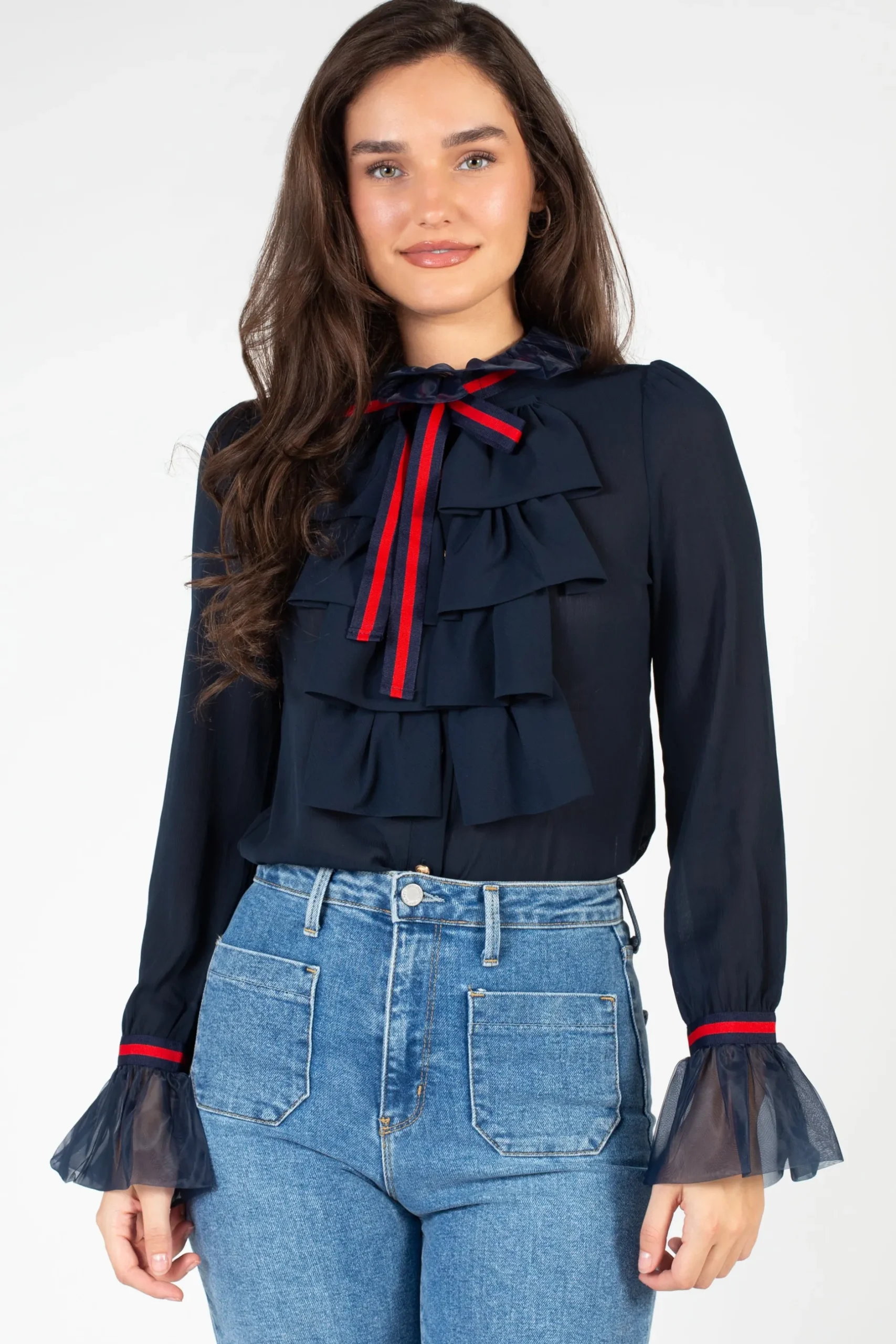 Chelsea Charlotte Ruffle Front Blouse Navy Sale