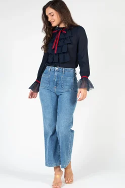 Chelsea Charlotte Ruffle Front Blouse Navy Sale