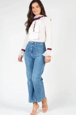 Chelsea Charlotte Ruffle Front Blouse Navy Sale