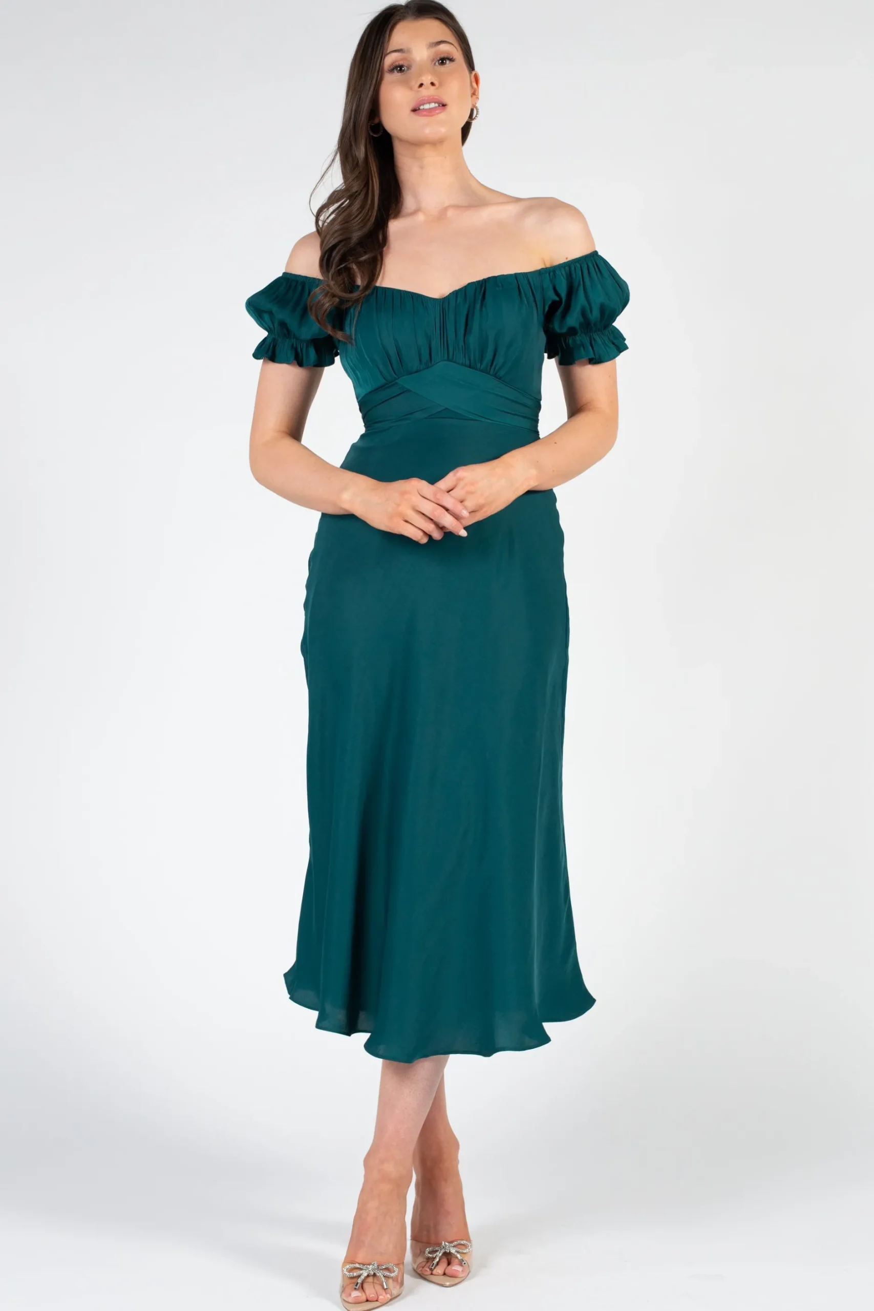 Saints u0026 Secrets Cindy Satin Off-The-Shoulder Midi Dress Outlet
