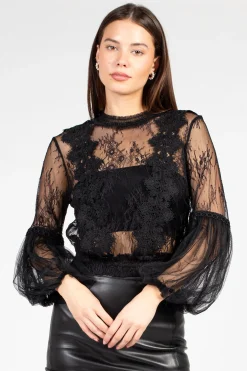 a.peach Clara Mesh Lace Crop Blouse Black Outlet