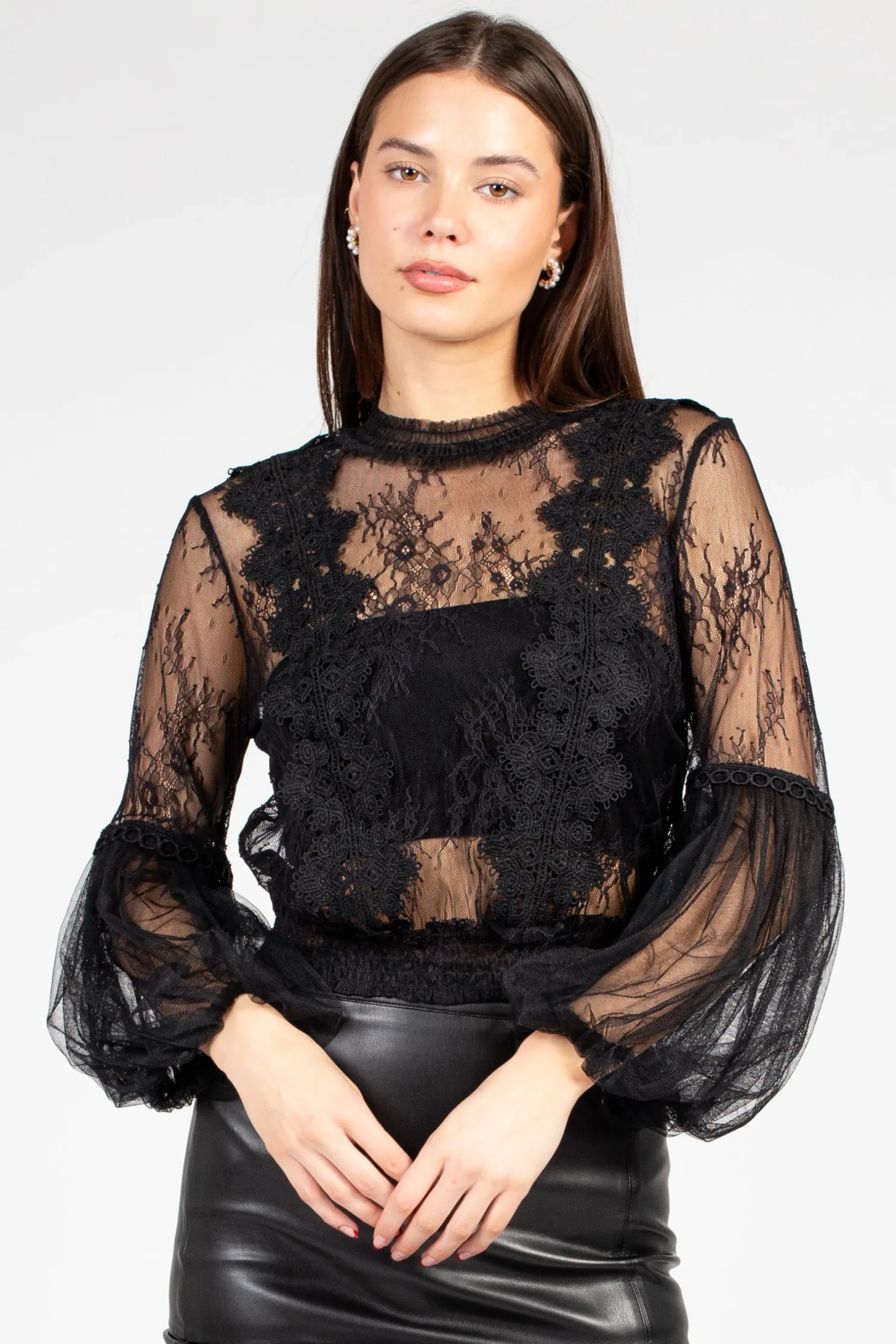 a.peach Clara Mesh Lace Crop Blouse Black Outlet