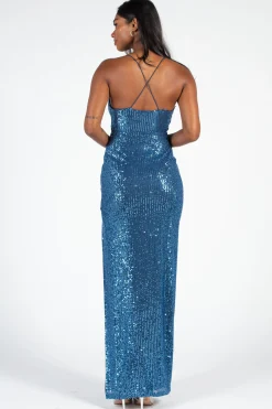 Lovely Day Cornelia Side Slit Sequin Maxi Dress Blue Hot