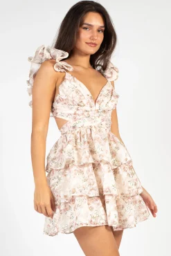 Storia Dahlia Ruffle Floral Strappy Mini Dress Cream Clearance