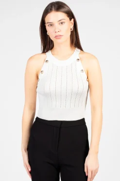 Immodel Donatella Gold Button Knit Crop Tank White Clearance