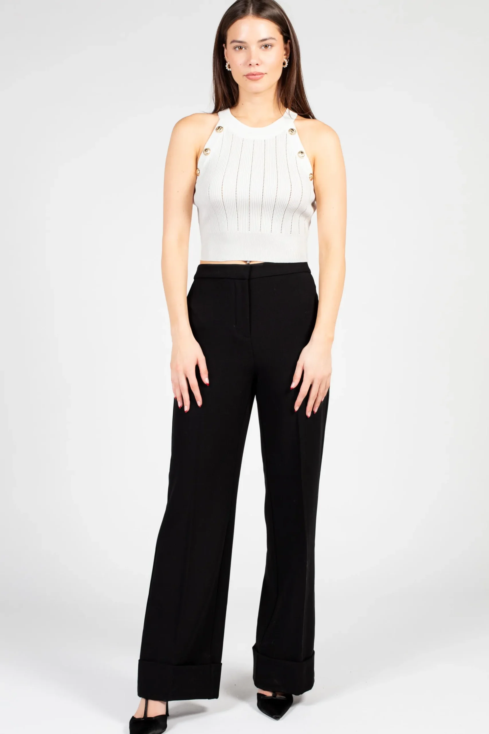 Immodel Donatella Gold Button Knit Crop Tank White Clearance