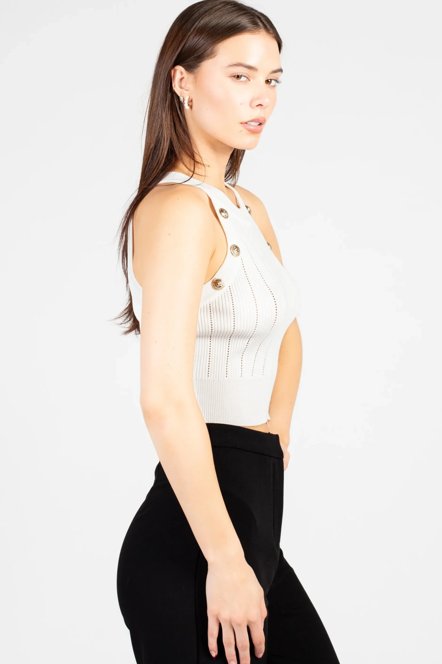 Immodel Donatella Gold Button Knit Crop Tank White Clearance