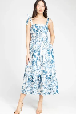Dress Forum Donna Shirred Floral Maxi Dress Blue Sale