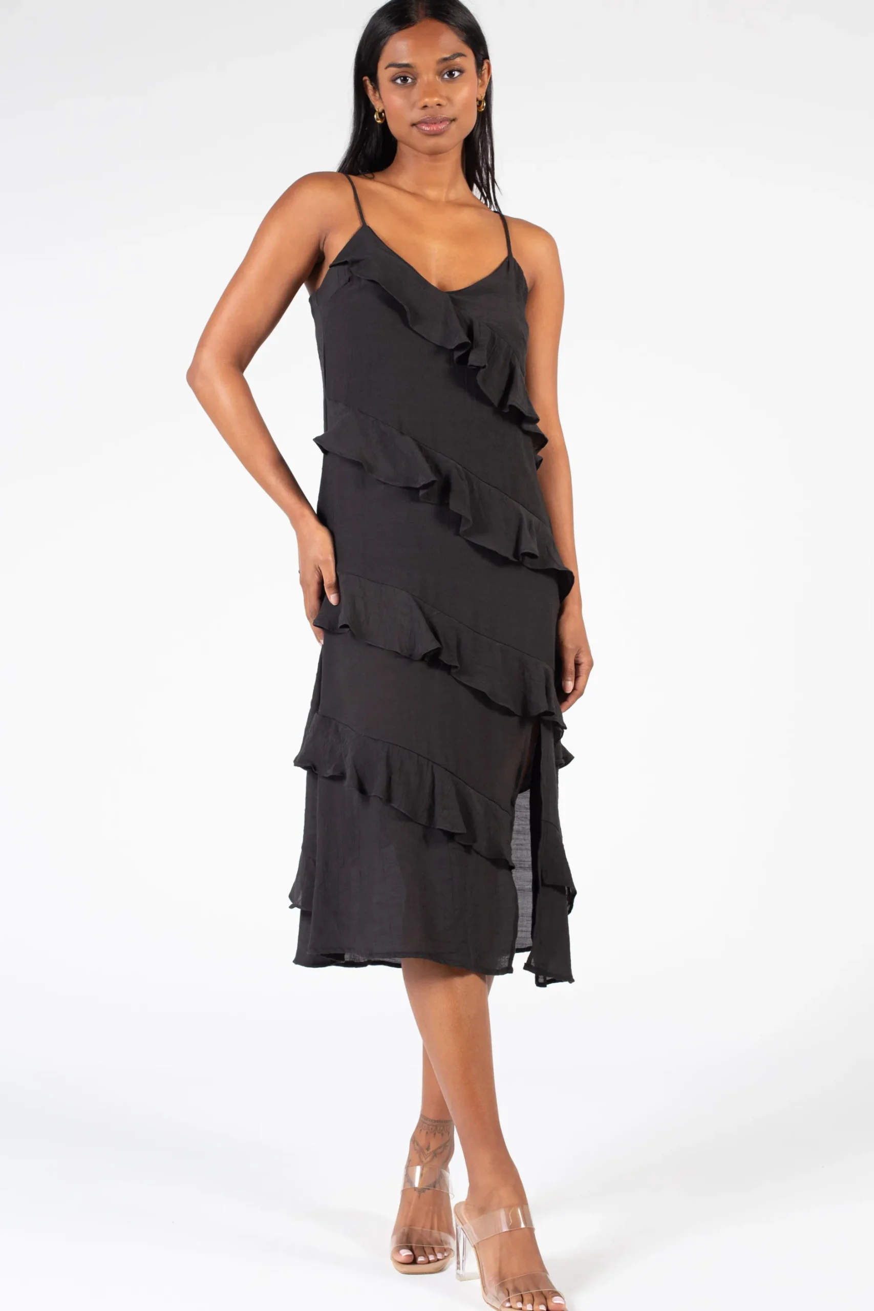 HYFVE Eden Ruffle Tiered Midi Dress Black Discount