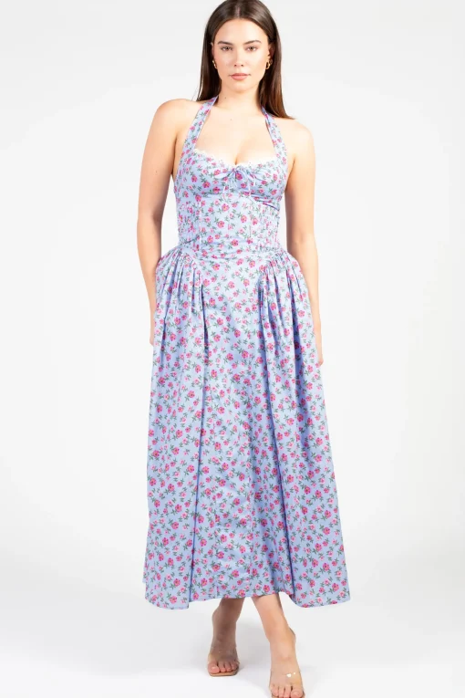 Mable Eleni Floral Midi Dress Blue Discount