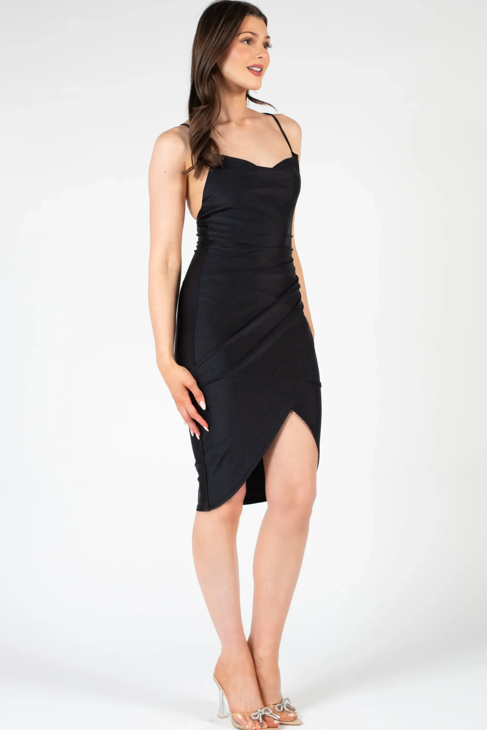 Misty Rose Elle Satin Ruched Tulip Midi Dress Discount