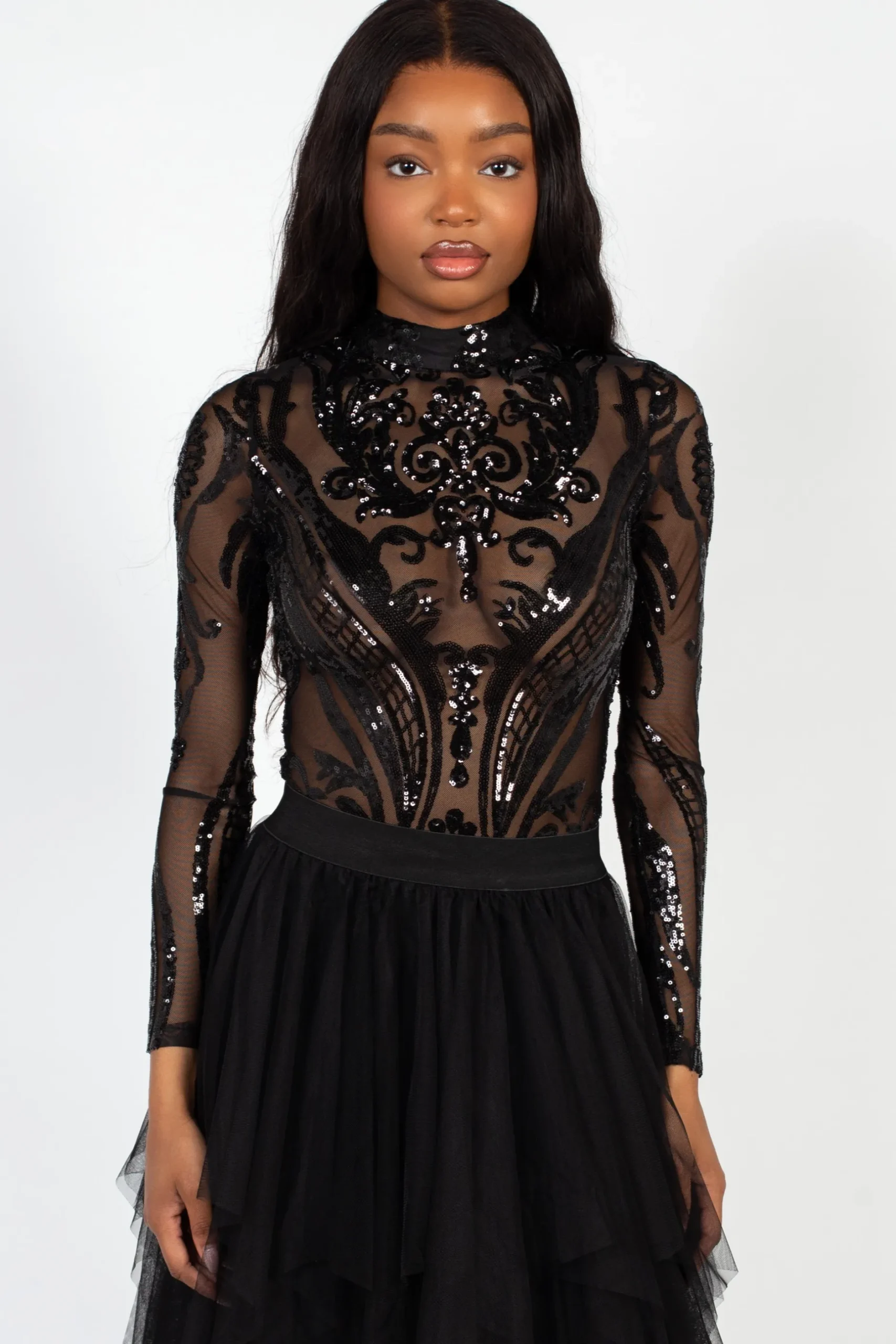 Chelsea Embellished Sequin Mesh Bodysuit Black Fashion