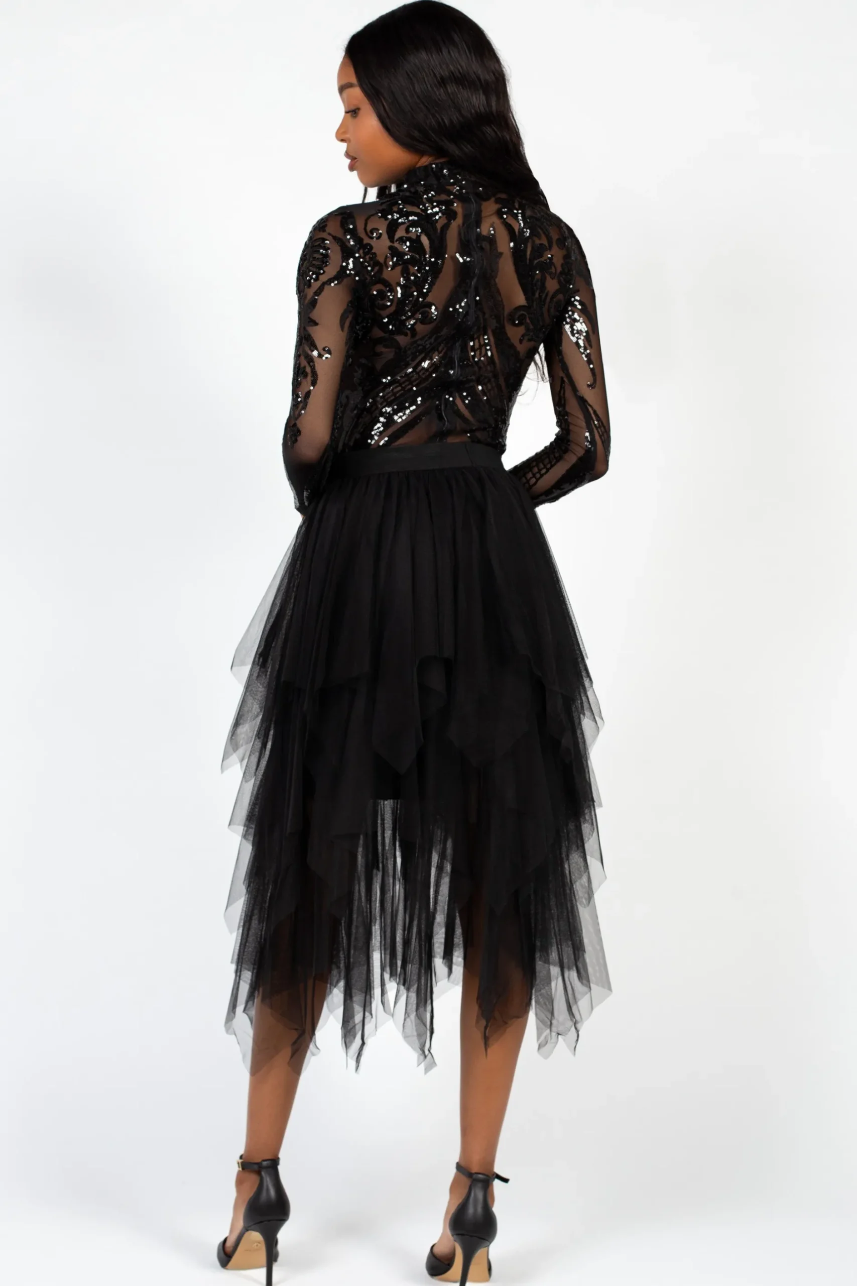 Chelsea Embellished Sequin Mesh Bodysuit Black Fashion