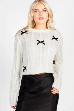 Love Tree Emmeline Cable Knit Bow Sweater Hot
