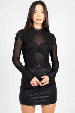 Chelsea Floriana Embroidered Allure Mesh Bodysuit Black Clearance