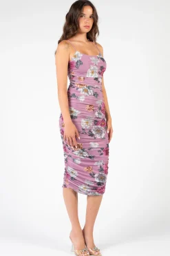 Rosevelvet Isabel Ruched Mesh Floral Midi Dress Discount