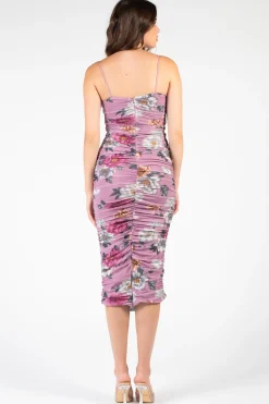 Rosevelvet Isabel Ruched Mesh Floral Midi Dress Discount