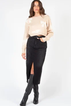 Just Black Denim Open Slit Midi Skirt WashedBlack Hot