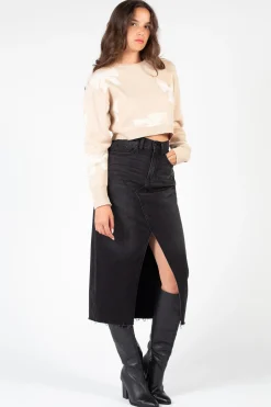 Just Black Denim Open Slit Midi Skirt WashedBlack Hot