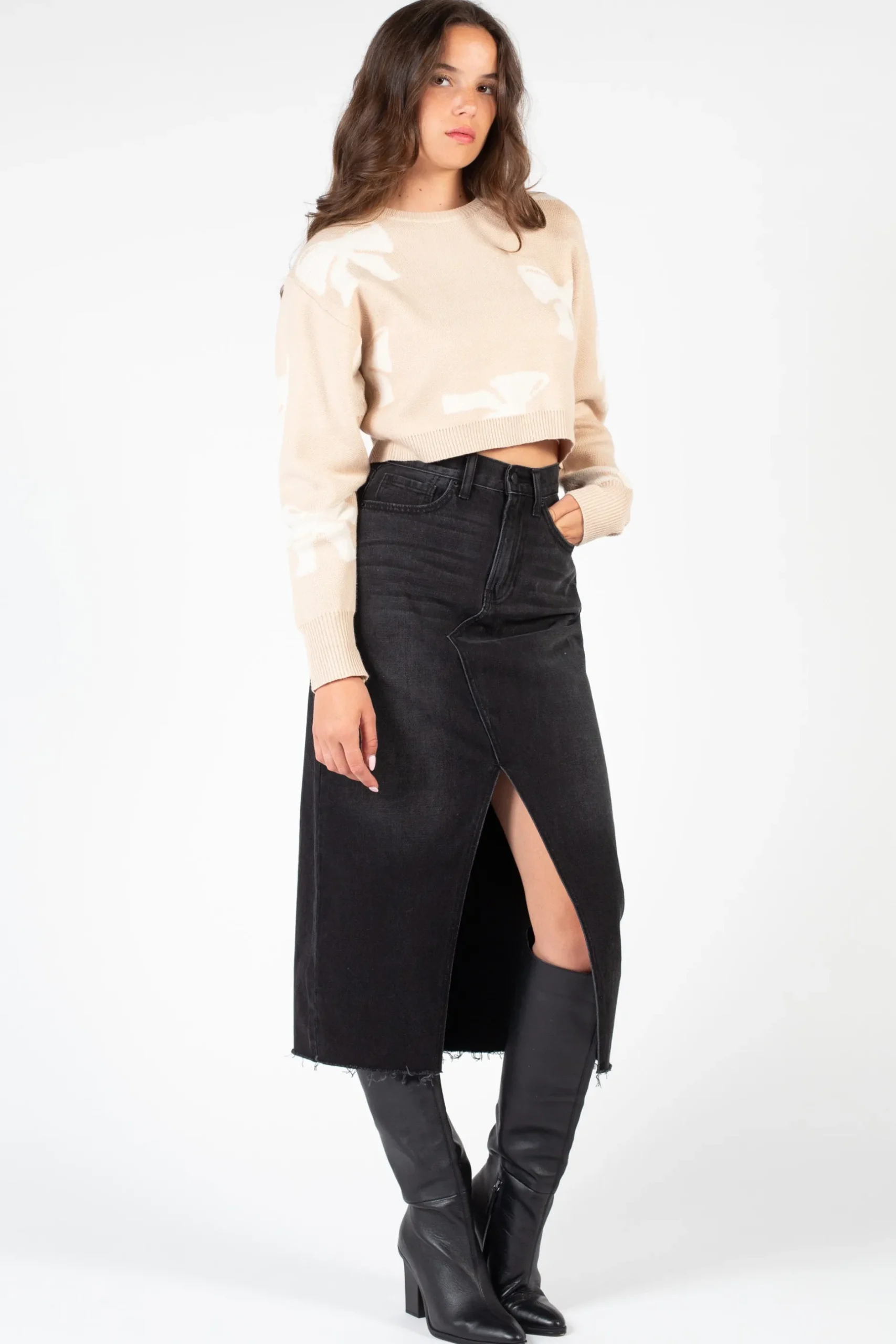 Just Black Denim Open Slit Midi Skirt WashedBlack Hot