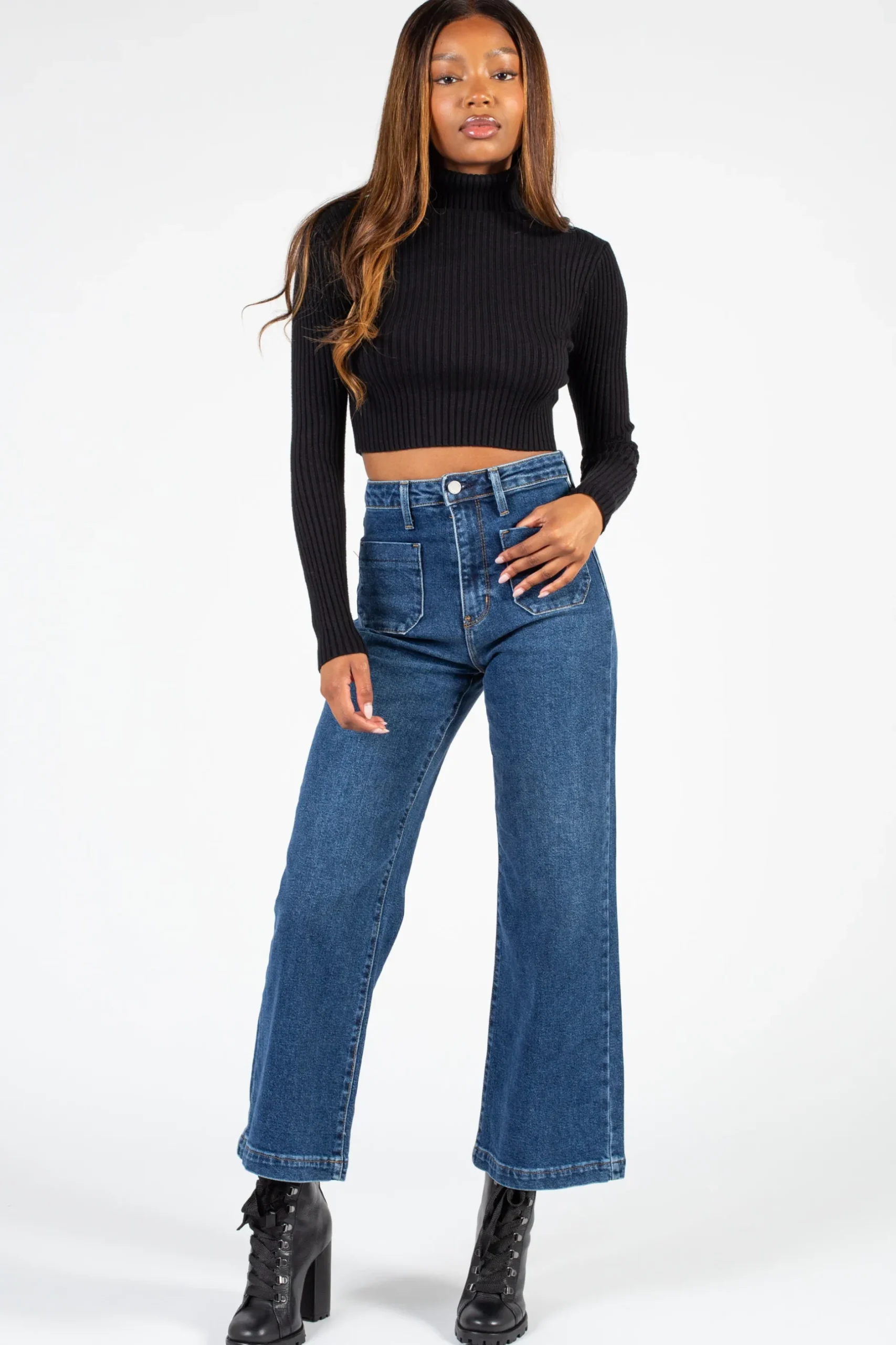 Just Black Denim Just Black Patch Pocket Wide Leg Jeans DarkDenim Outlet