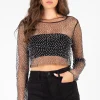 Hot u0026 Delicious Kylie Long Sleeve Embellished Crop Top Black Discount