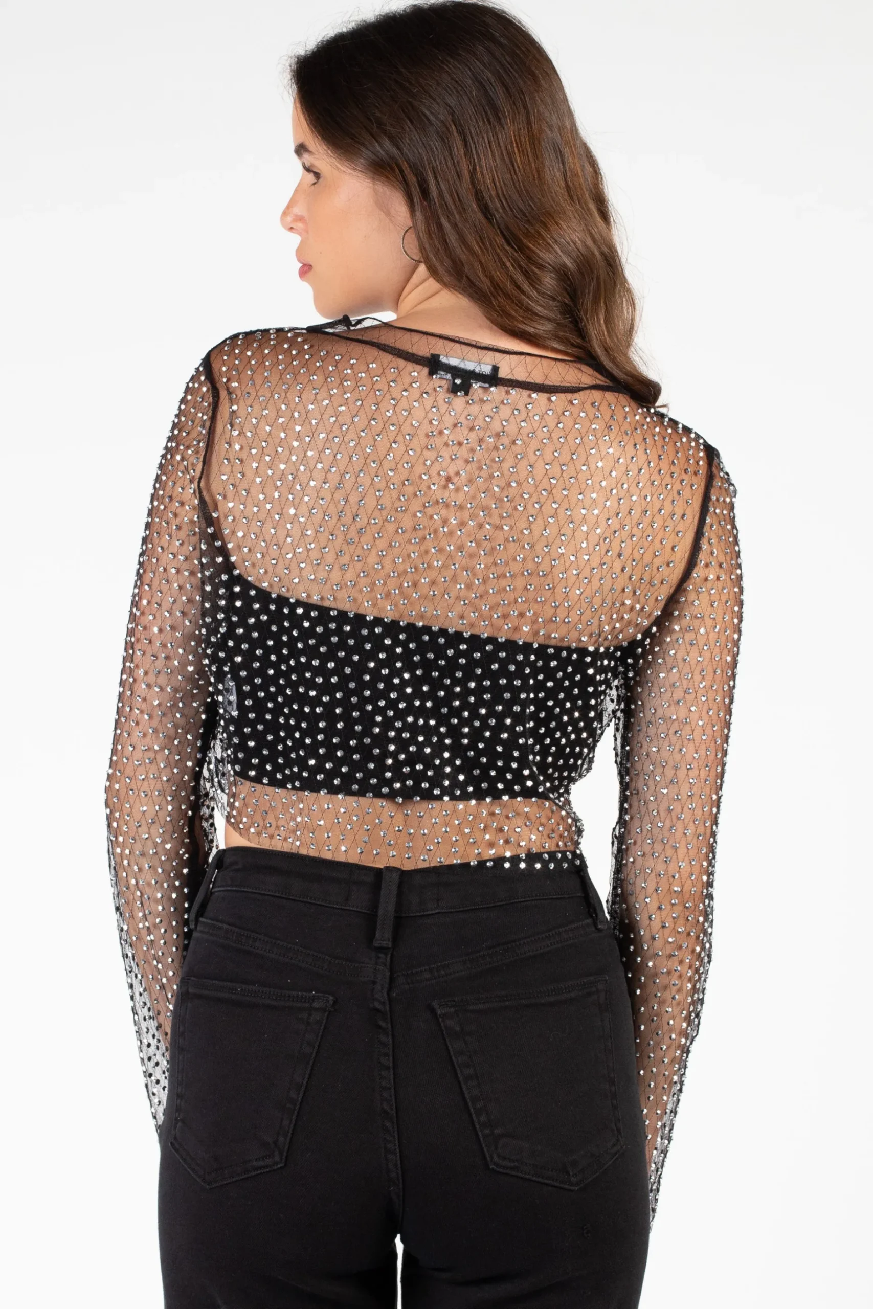 Hot u0026 Delicious Kylie Long Sleeve Embellished Crop Top Black Discount
