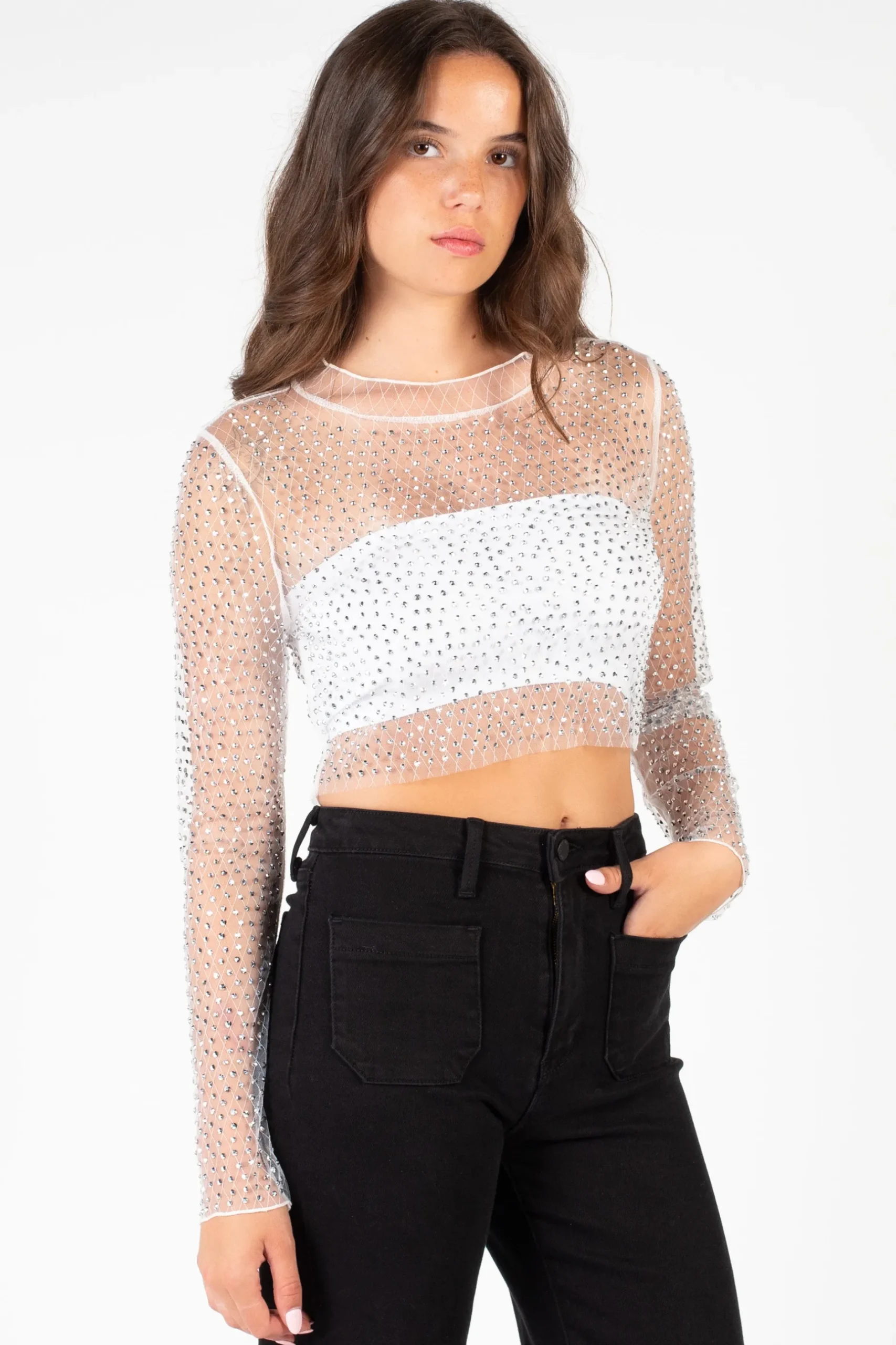 Hot u0026 Delicious Kylie Long Sleeve Embellished Crop Top Outlet