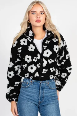 HYFVE Lila Floral Print Sherpa Jacket BlackFloral Sale