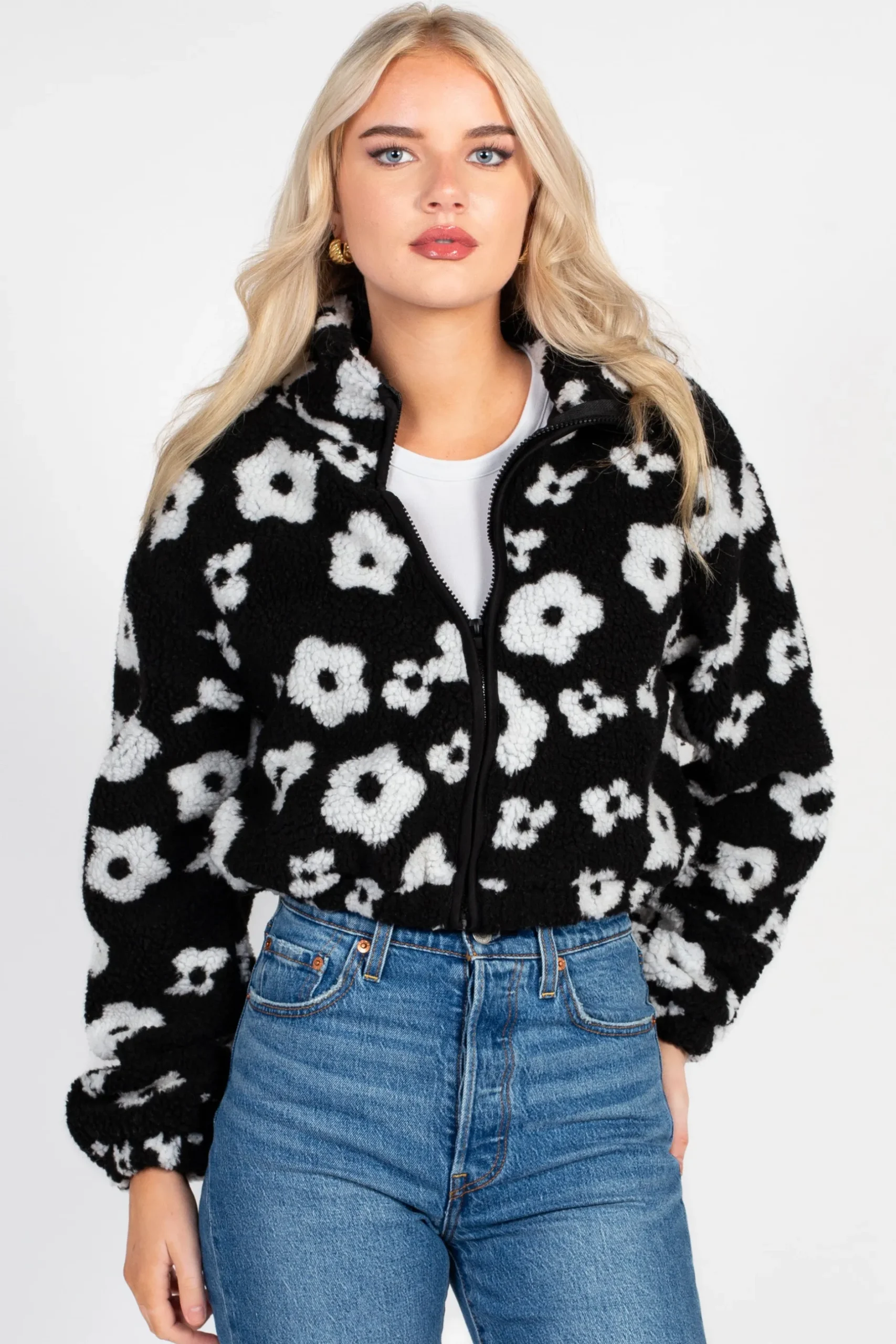 HYFVE Lila Floral Print Sherpa Jacket BlackFloral Sale