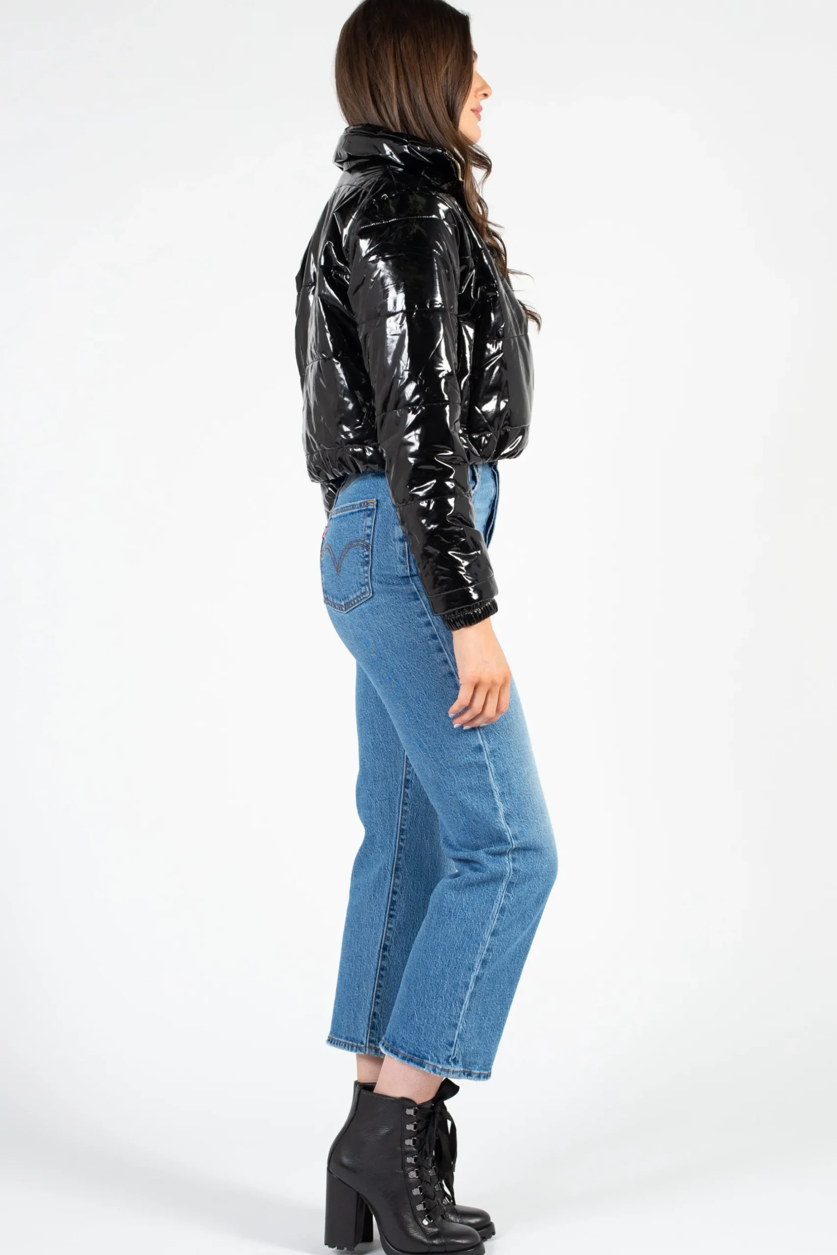 36pointS Lola Patent Bomber Puffer Jacket Black Hot