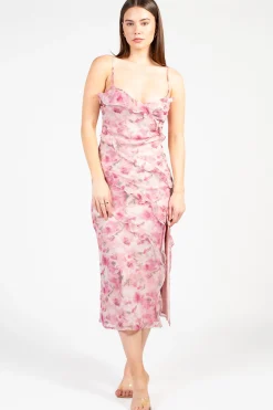 Inmod Maribelle Floral Ruffle Midi Dress Pink New