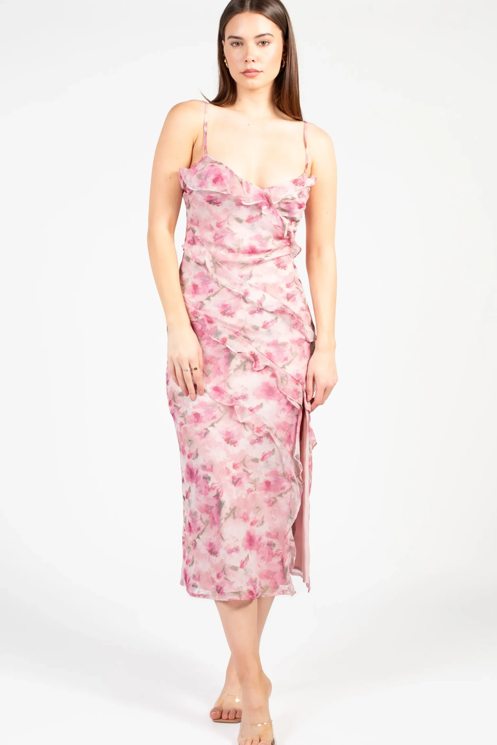 Inmod Maribelle Floral Ruffle Midi Dress Pink New