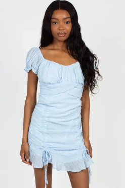 Woven Pink Melody Ruched Polka Dot Mini Dress Blue New
